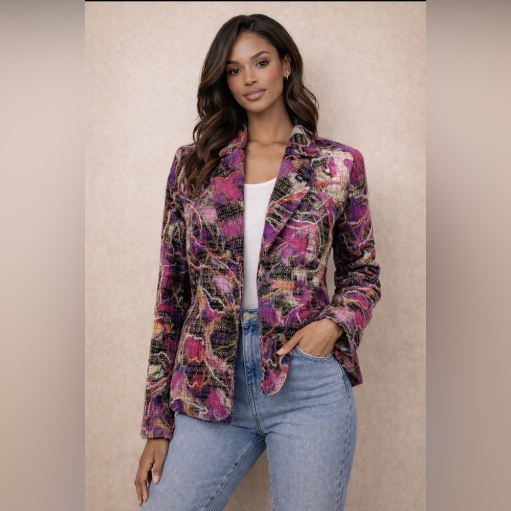 Chico’s Jacket Blazer Wool Blend Embroidered Artwork